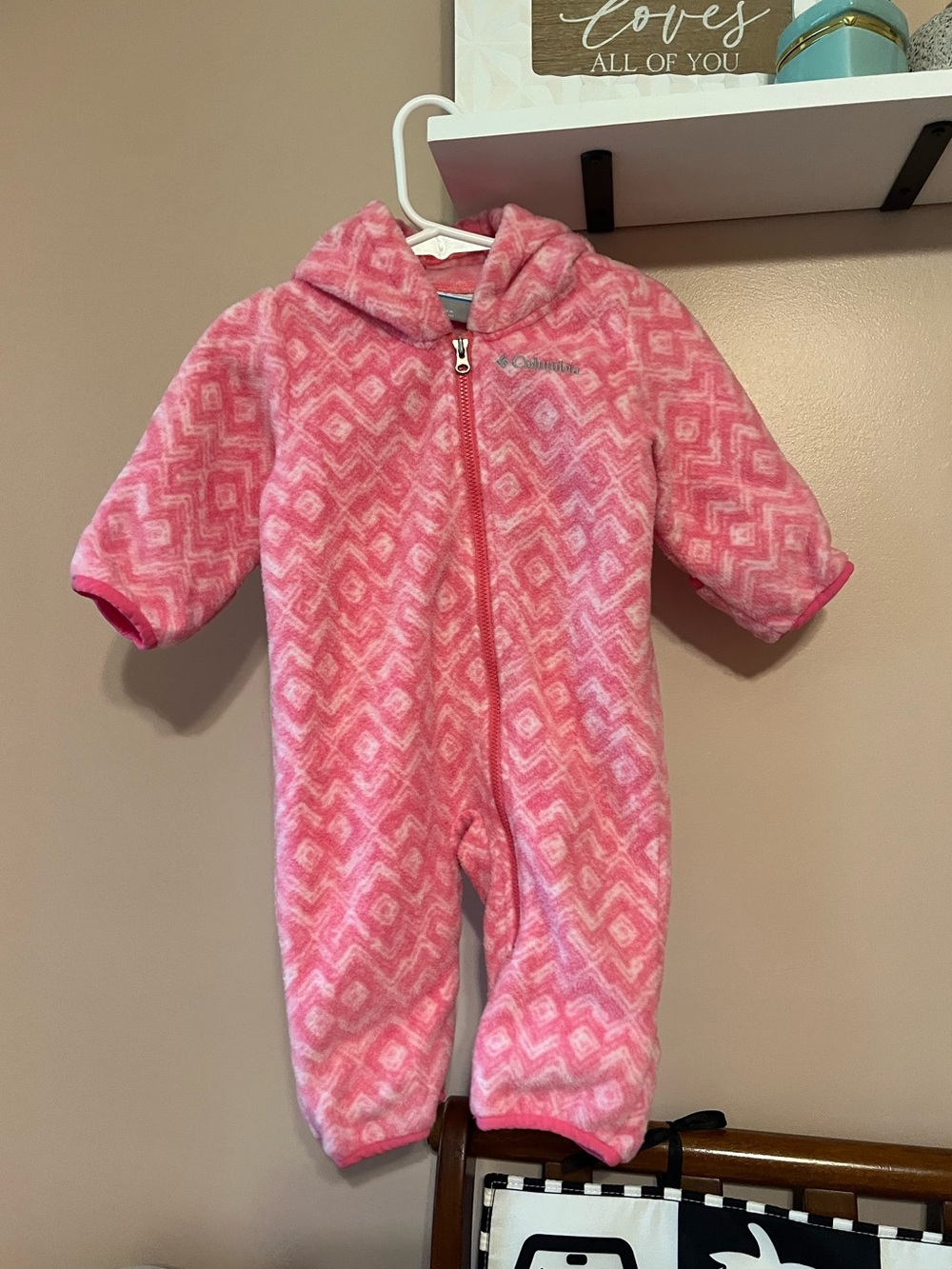 Columbia pink patterned fleece hooded coverall snowsuit cold weather bunting
